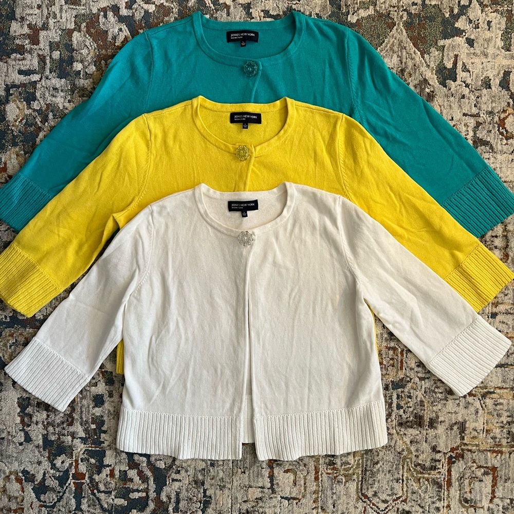 SET OF 3 JONES NEW YORK SIGNATURE COTTON JEWELED CARDIGANS WHITE YELLOW TEAL L